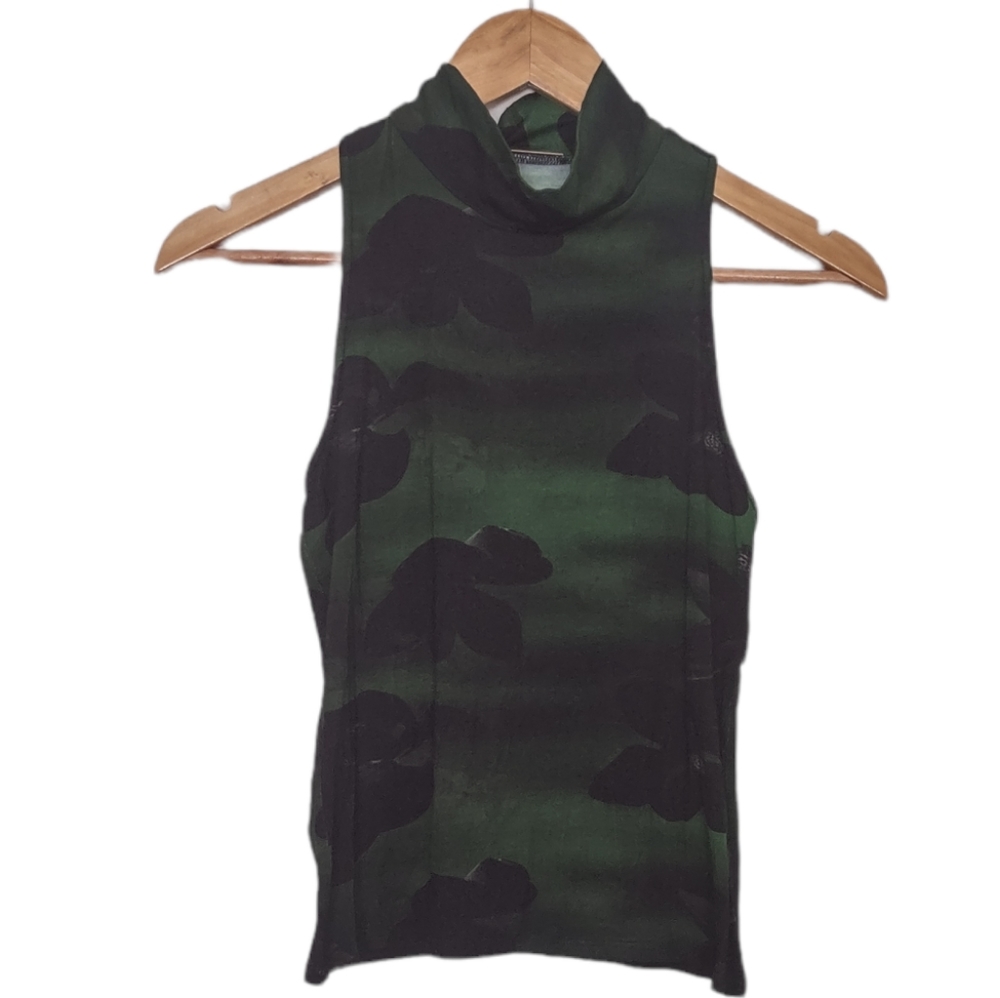 NWT Katharine Kidd Green Black Floral Sleeveless Turtleneck Top Size 6